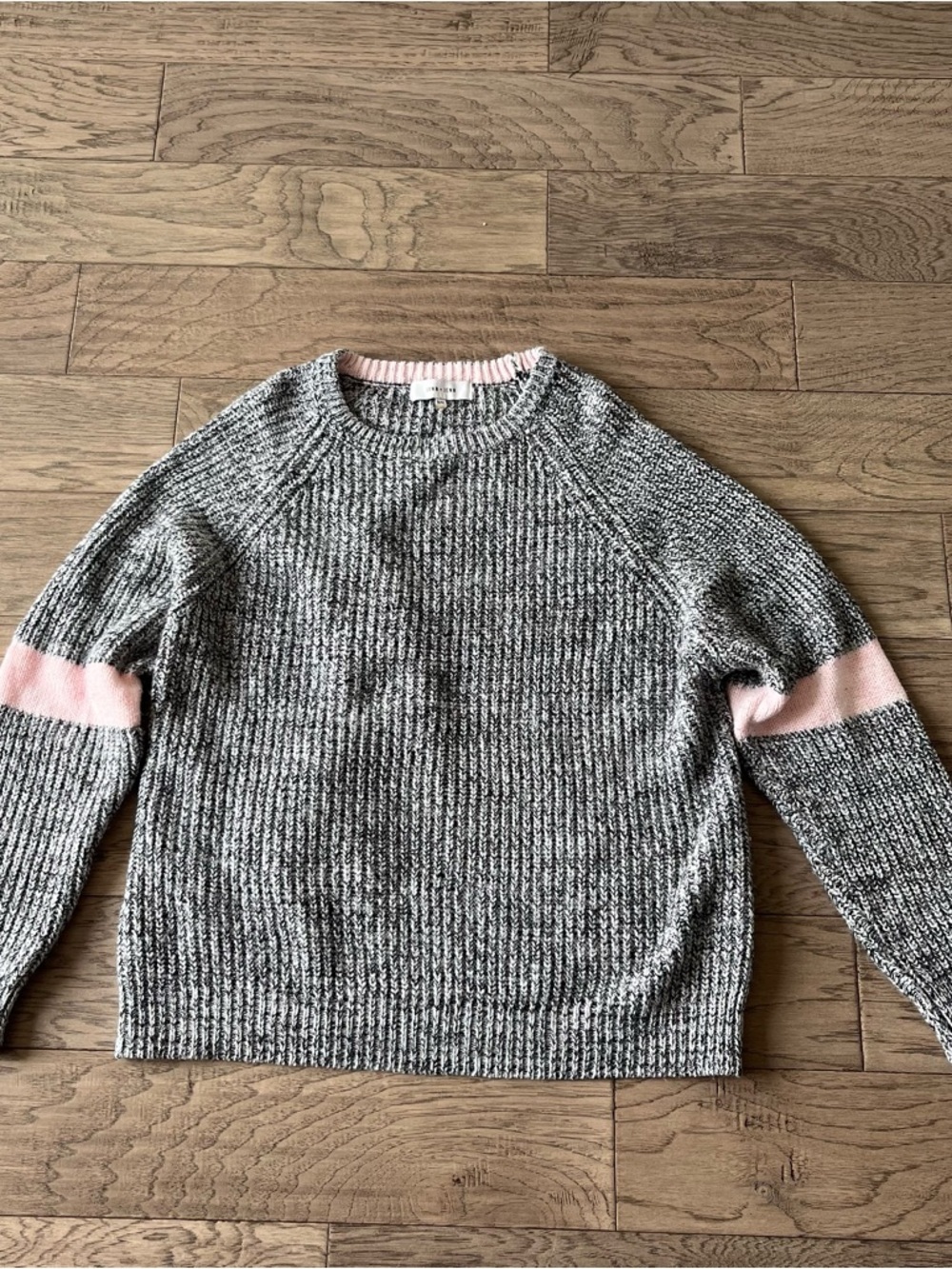 John + Jenn Grey Crewneck Sweater with Pink Sleeve Stripes size M